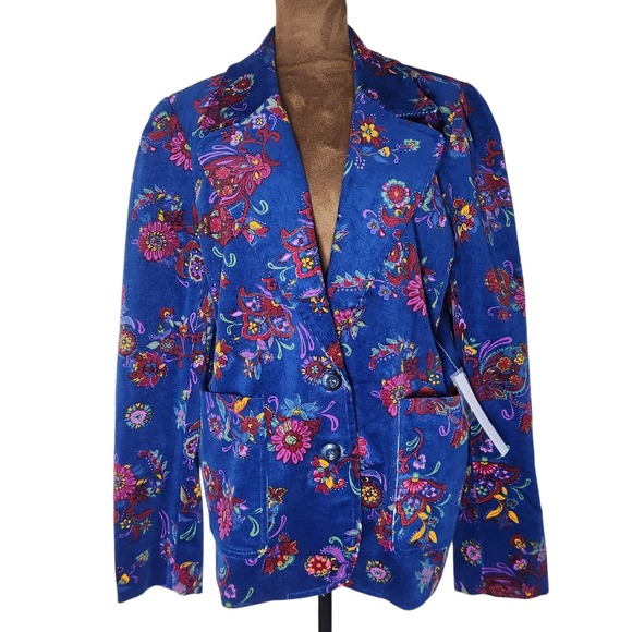 NWT Modcloth Blazer Jacket  Blue Floral Paisley Corduroy Size XL Vibrant 70s - Picture 2 of 9